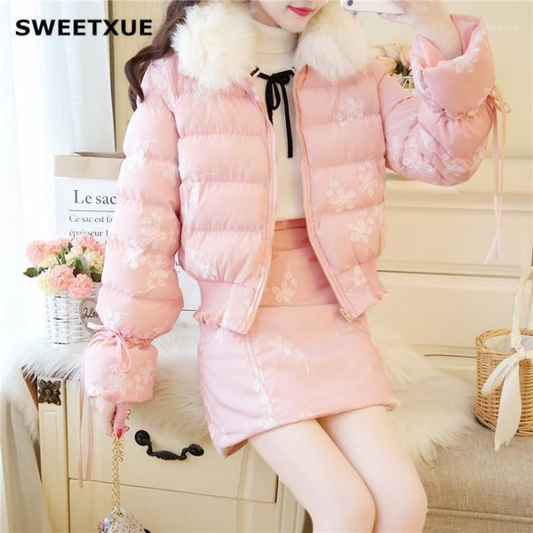 sweetxue elegant casual women's 2 piece set detachable fur collar flower embroidered cotton jacket skirt cute warm suit female1, Gray
sweetxue elegant casual women's 2 piece set detachable fur collar flower embroidered cotton jacket skirt cute warm suit female1, Gray