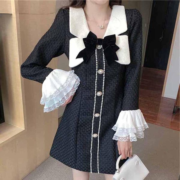 spring 2021 french retro fragrance contrast color bowknot tweed dress double lace flared sleeves single breasted dresses, Black;gray
spring 2021 french retro fragrance contrast color bowknot tweed dress double lace flared sleeves single breasted dresses, Black;gray