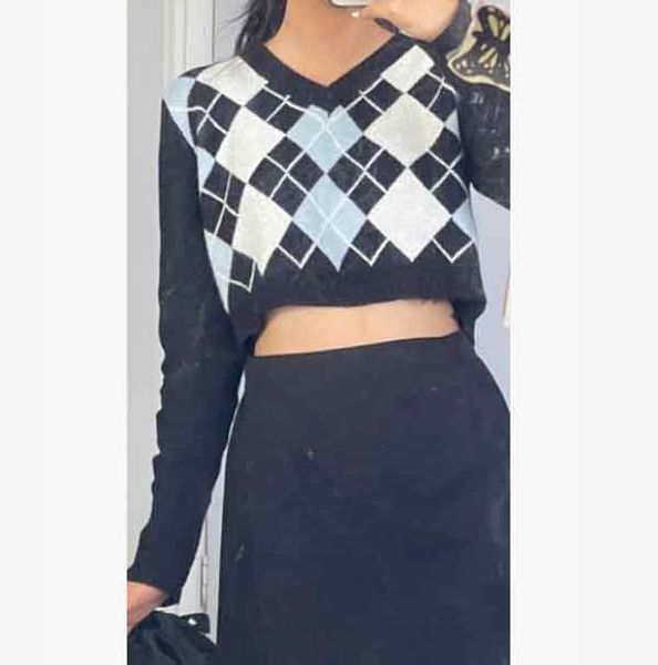 women fashion sweater women cute argyle v neck crop sweaters popular panelled streetwear blue pink khaki colors size s l xl, White;black
women fashion sweater women cute argyle v neck crop sweaters popular panelled streetwear blue pink khaki colors size s l xl, White;black