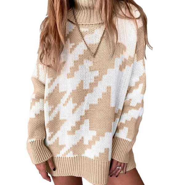 elegant autumn winter turtleneck sweaters vintage geometric houndstooth print pullover women casual long sleeve knit sweater, White;black
elegant autumn winter turtleneck sweaters vintage geometric houndstooth print pullover women casual long sleeve knit sweater, White;black