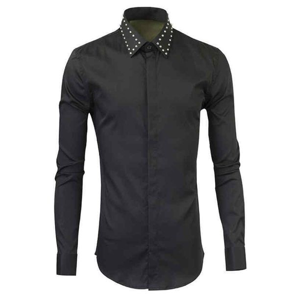 men's casual shirts metal rivets black gold and silver shirt men 2021 fashion male turn down collar long sleeved, White;black
men's casual shirts metal rivets black gold and silver shirt men 2021 fashion male turn down collar long sleeved, White;black