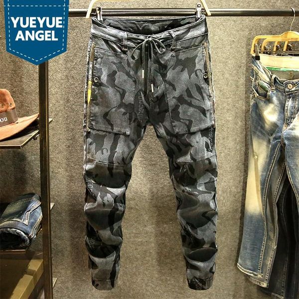 winter camouflage casual jeans men big pockets slim elastic cargo pants high street army denim trousers pencil pants, Blue 
winter camouflage casual jeans men big pockets slim elastic cargo pants high street army denim trousers pencil pants, Blue