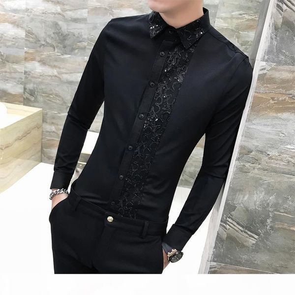 2018 new hairstylist personality men's clothes male fashion slim lace stitching long sleeves shirt men nightclub men's casual shir, White;black
2018 new hairstylist personality men's clothes male fashion slim lace stitching long sleeves shirt men nightclub men's casual shir, White;black
