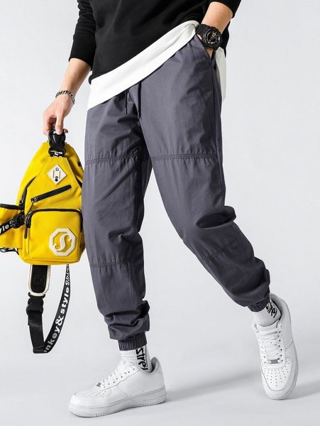 men drawstring waist slant pocket pants p8q6#, Black