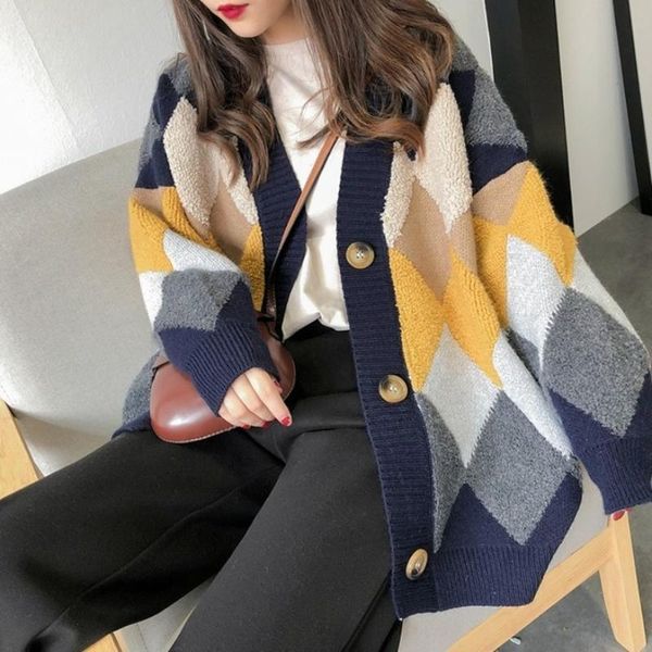 women's knits & tees argyle sweater loose korean plaid thick knitted long cardigan woman autumn fashion clothes, White
women's knits & tees argyle sweater loose korean plaid thick knitted long cardigan woman autumn fashion clothes, White
