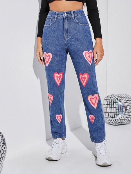 heart print high waist jeans m72r#, Blue