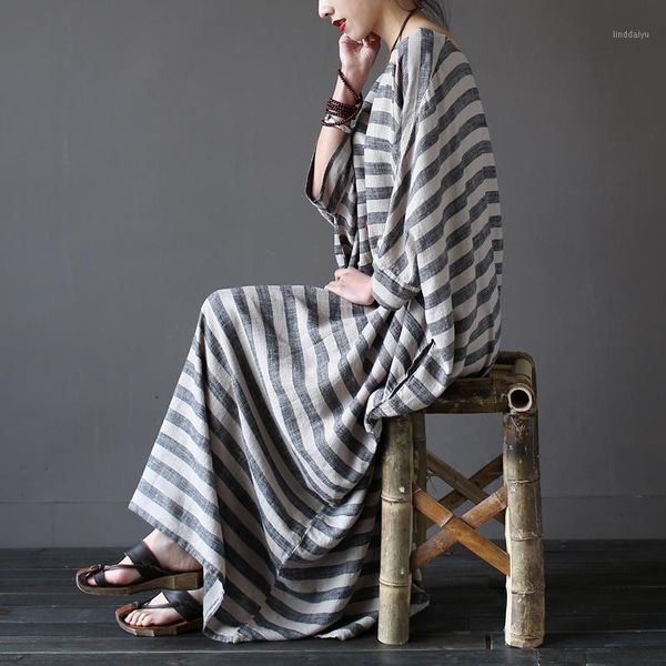 women summer linen robe dress loose plus size striped dresses literary o-neck three quarter sleeve mid-calf vintage1, Black;gray
women summer linen robe dress loose plus size striped dresses literary o-neck three quarter sleeve mid-calf vintage1, Black;gray