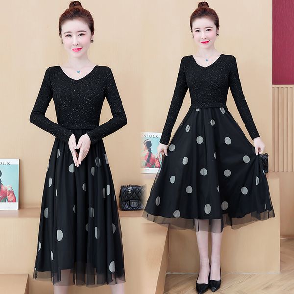 female plus size with v-cleavage dress midi autumn dot mesh long sleeve swing skater dresses yezt, Black;gray
female plus size with v-cleavage dress midi autumn dot mesh long sleeve swing skater dresses yezt, Black;gray
