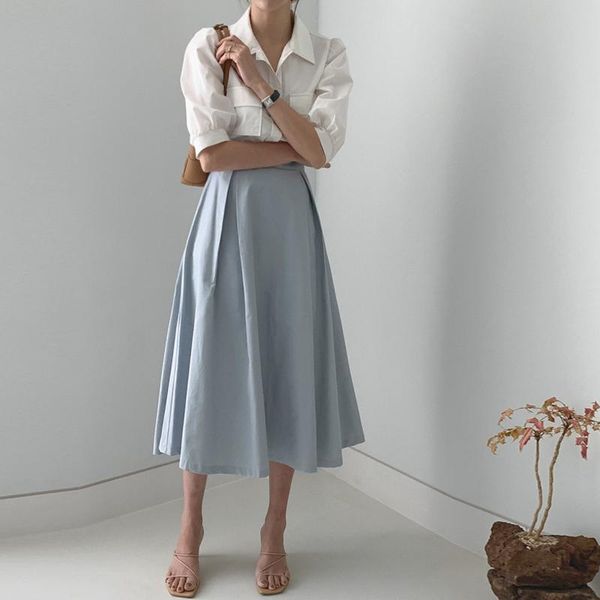 women's tracksuits vintage two piece sets solid half length puff sleeves women blouse empire a-line medium long pleated skirt suits, Gray
women's tracksuits vintage two piece sets solid half length puff sleeves women blouse empire a-line medium long pleated skirt suits, Gray