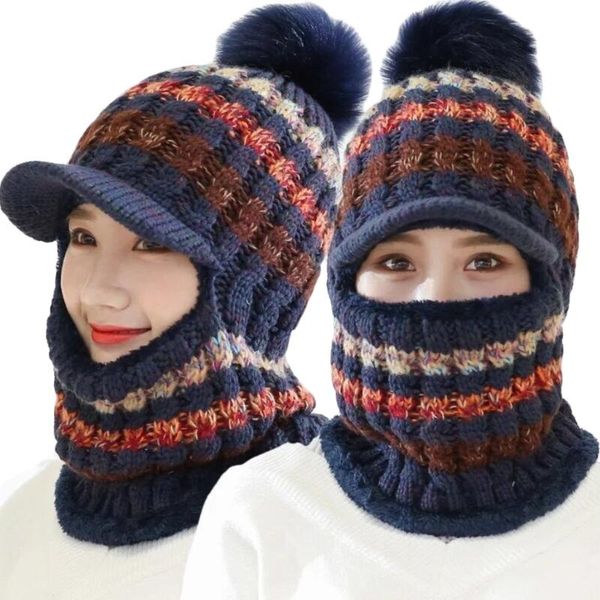 women winter crochet knit balaclava beanie hat with visor brim colorful striped cute pompom cycling ski face mask plush cap, Blue;gray
women winter crochet knit balaclava beanie hat with visor brim colorful striped cute pompom cycling ski face mask plush cap, Blue;gray