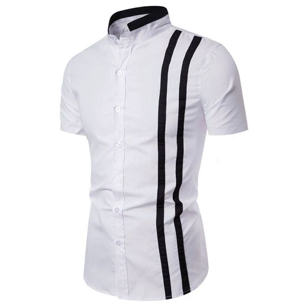men's shirt with stripes and clash-colored standcollar button short-sleeved casual shirt, White;black
men's shirt with stripes and clash-colored standcollar button short-sleeved casual shirt, White;black