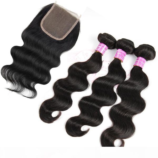 

part brazilian virgin human hair weaves 3 bundles body wave with closure unprocessed remy human hair weave cambodian mongolian peruvian, Black