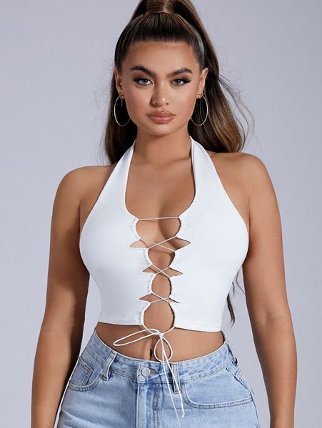 sxy lace up front crop halter e6k1#, White
