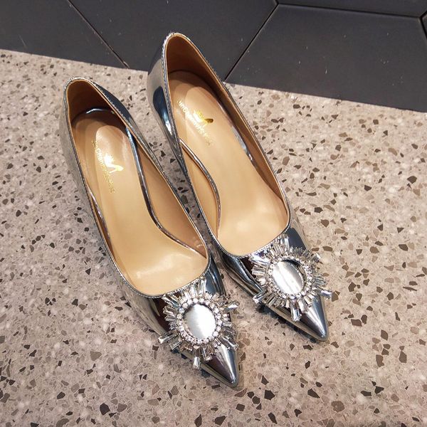 female new fashionable bombs silver patent leather strass toe heels high wedding shoes of the bride u9u6, Black
female new fashionable bombs silver patent leather strass toe heels high wedding shoes of the bride u9u6, Black