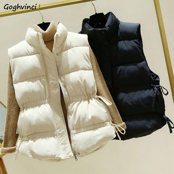women's vests women solid sleeveless stand collar large size bread jackets side drawstring slim leisure comfortable waistcoats students, Black;white