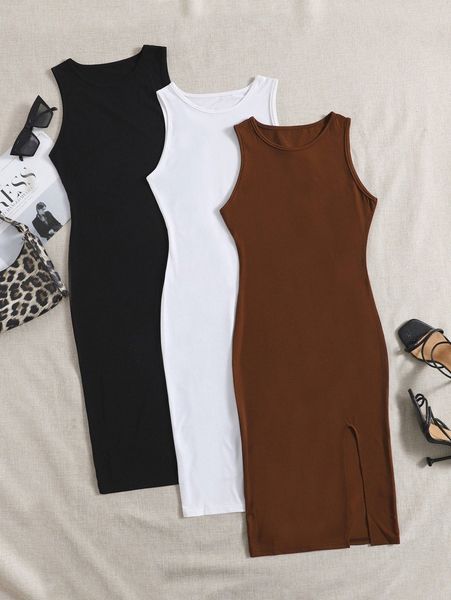 3pcs solid split backless bodycon dress t5k2#, Black;gray