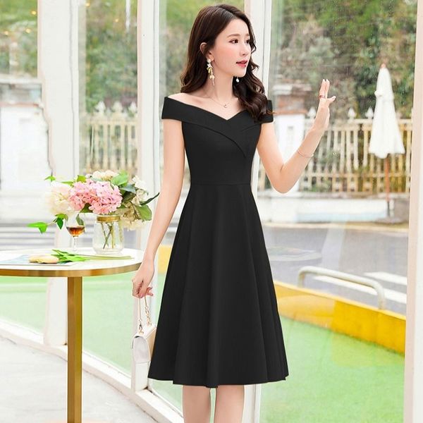 summer off shoulder zipper short sleeve v-neck knee-length a-line simple solid black women party coctail dress 9719
summer off shoulder zipper short sleeve v-neck knee-length a-line simple solid black women party coctail dress 9719