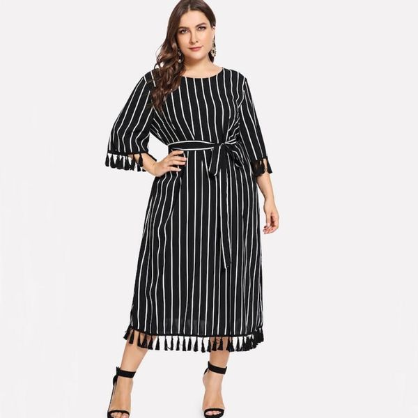 plus size women striped loose belted dress, Black;pink