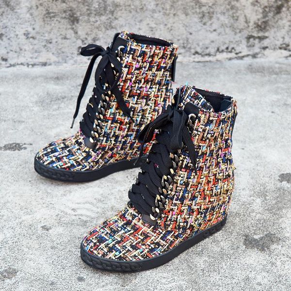 wedge high heel boots women mixed colored woolen fabric leather lace up platform ankle boots women motorcycle zipper, Black
wedge high heel boots women mixed colored woolen fabric leather lace up platform ankle boots women motorcycle zipper, Black