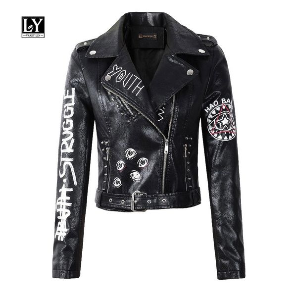 ly varey lin new autumn winter women faux leather jacket turn down collar letter print epaulet rivet zipper biker outerwear 201030, Black
ly varey lin new autumn winter women faux leather jacket turn down collar letter print epaulet rivet zipper biker outerwear 201030, Black