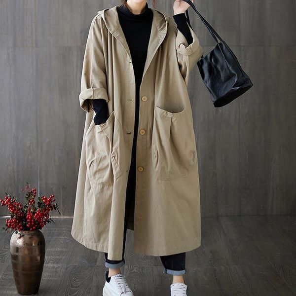 women's trench coats one-piece 2021 korean style spring autumn art loose over-the-knee long big pocket coat leisure hooded women, Tan;black
women's trench coats one-piece 2021 korean style spring autumn art loose over-the-knee long big pocket coat leisure hooded women, Tan;black