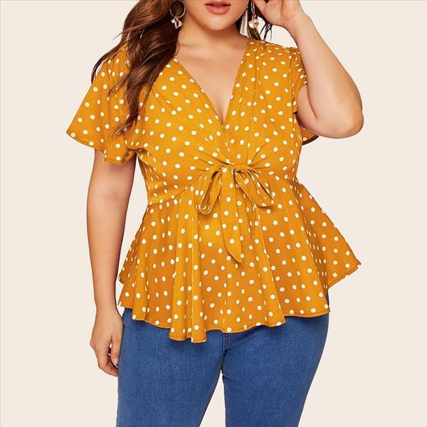 38 womens large size v neck short sleeve shirt polka dot knot front womens and summer blouse roupas feminina, White
38 womens large size v neck short sleeve shirt polka dot knot front womens and summer blouse roupas feminina, White
