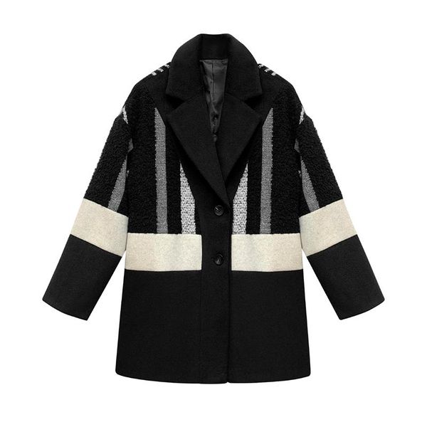 women's wool & blends 2021 european goods stitching mid-length thick loose coat, Black
women's wool & blends 2021 european goods stitching mid-length thick loose coat, Black