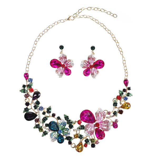 new year's gift necklace jewelry sets crystal flower stud earrings necklace set fashion alloy exaggerated women girl statement necklace, Silver