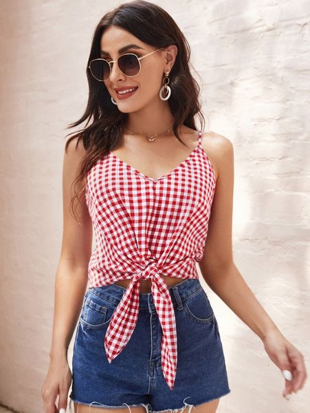 tie hem buffalo plaid cami l5t5#, White
tie hem buffalo plaid cami l5t5#, White