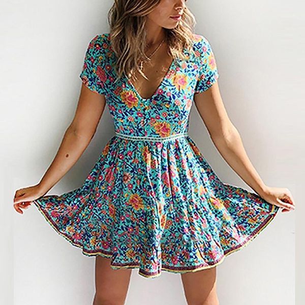 v neck green hippie boho mini summer dress 2019 women casual elastic waist short floral a line beach dress vintage clothes1, Black;gray
v neck green hippie boho mini summer dress 2019 women casual elastic waist short floral a line beach dress vintage clothes1, Black;gray
