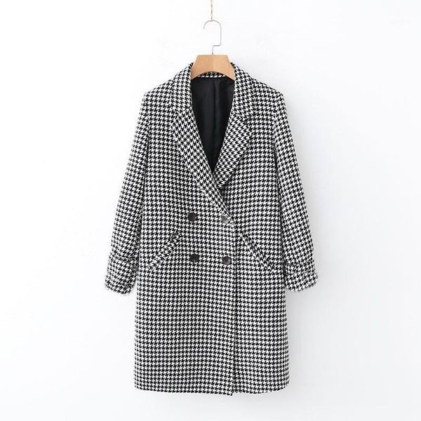 women's wool & blends autumn and winter ladies houndstooth coat 2021 fashion lapel long sleeves with pockets loose casual jacket s1, Black
women's wool & blends autumn and winter ladies houndstooth coat 2021 fashion lapel long sleeves with pockets loose casual jacket s1, Black