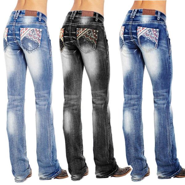 2020 new selling women's washed national flag embroidered jeans pants, Blue 
2020 new selling women's washed national flag embroidered jeans pants, Blue