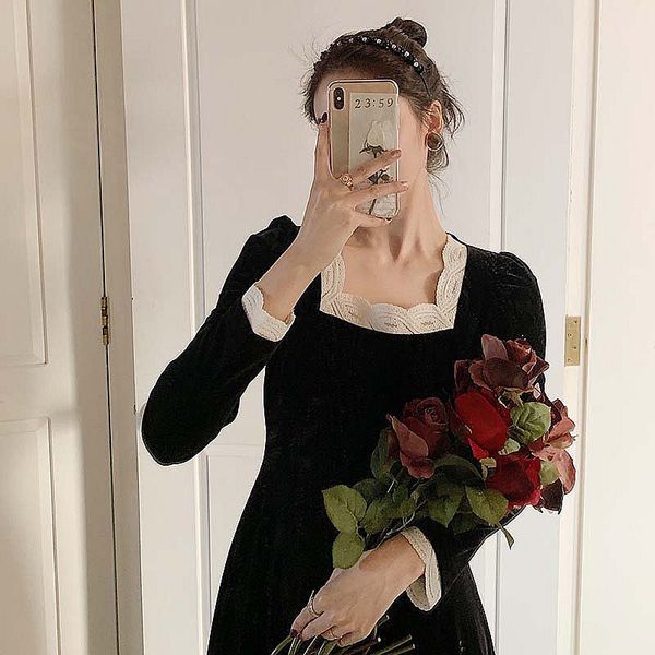 2021 new velvet elegant square collar women lace slim temperament mid-length black dress autumn clothing ladies ehz1, Black;gray
2021 new velvet elegant square collar women lace slim temperament mid-length black dress autumn clothing ladies ehz1, Black;gray