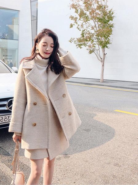 women's wool & blends 2021 spring women coat with skirt two-piece sets solid button pocket long sleeve jacket and warm female overcoat, Black
women's wool & blends 2021 spring women coat with skirt two-piece sets solid button pocket long sleeve jacket and warm female overcoat, Black