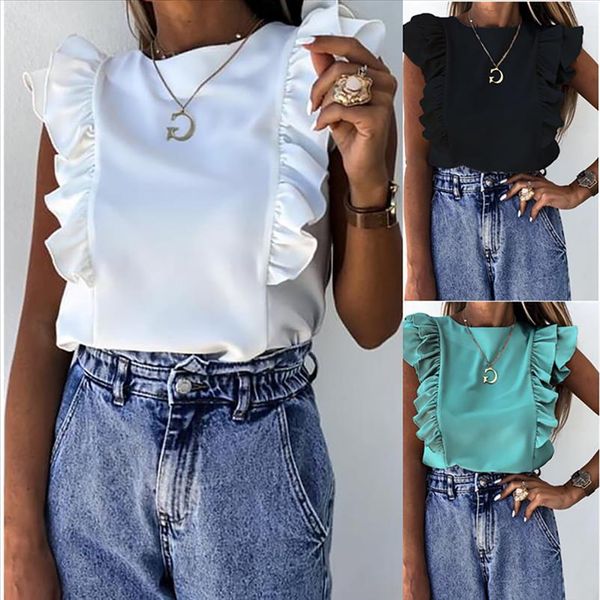 european and american explosions, summer solid color ruffled short sleeved round neck ladies shirt shirt women drop shipping, White
european and american explosions, summer solid color ruffled short sleeved round neck ladies shirt shirt women drop shipping, White