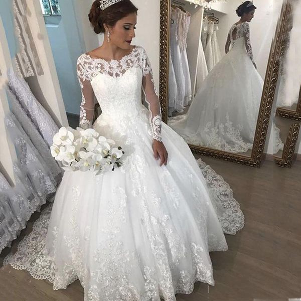 custom made long sleeves lace ball gown wedding dresses with appliques jewel neck sweep train plus size bridal gowns, White
custom made long sleeves lace ball gown wedding dresses with appliques jewel neck sweep train plus size bridal gowns, White