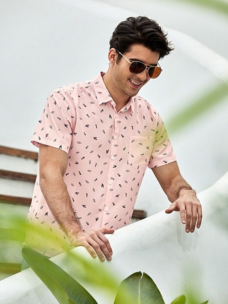 men allover leaves print button up shirt w0fm#, White;black
