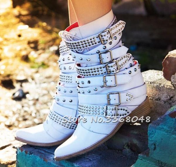 boots cool spring autumn height increasing white leather ankle rivets studded square low heel pointed toe woman buckle, Black
boots cool spring autumn height increasing white leather ankle rivets studded square low heel pointed toe woman buckle, Black