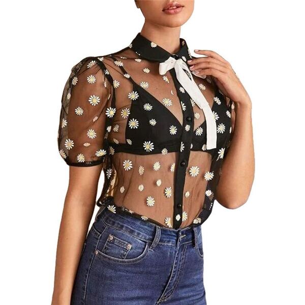 women acutes sheer button down shirt short sleeve daisy pattern bow lace lapel see through chiffon blouse floral women's shirts, White
women acutes sheer button down shirt short sleeve daisy pattern bow lace lapel see through chiffon blouse floral women's shirts, White