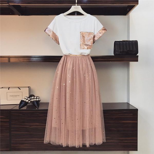 2020 summer women pink sequined pocket short-sleeved cotton t-shirt star sequins long mesh skirt set girls cute two-piece sets, Gray
2020 summer women pink sequined pocket short-sleeved cotton t-shirt star sequins long mesh skirt set girls cute two-piece sets, Gray