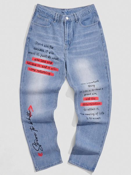 men slogan graphic jeans y4wa#, Blue 
men slogan graphic jeans y4wa#, Blue