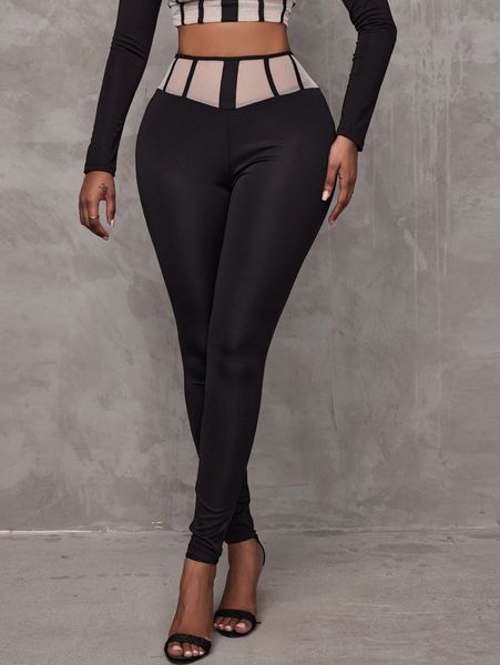 sxy contrast sheer mesh seam front skinny pants m7lt#, Black;white