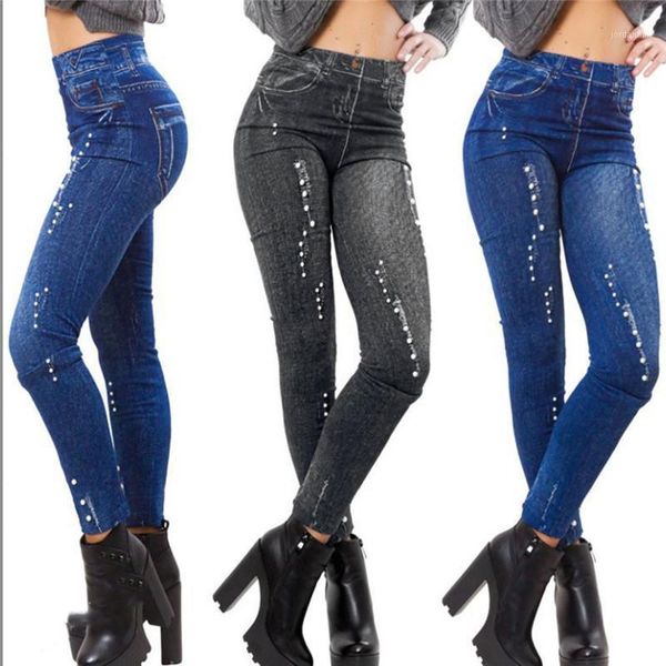 fashion 2020 new women printed imitation feet pants bottom jeans fashion elastic high waist leggings1, Black