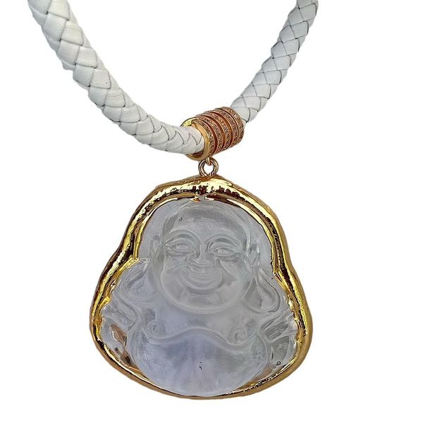 yying white leather choker necklace clear quartz carved buddha pendant 19" q1209, Bronze;silver
yying white leather choker necklace clear quartz carved buddha pendant 19" q1209, Bronze;silver