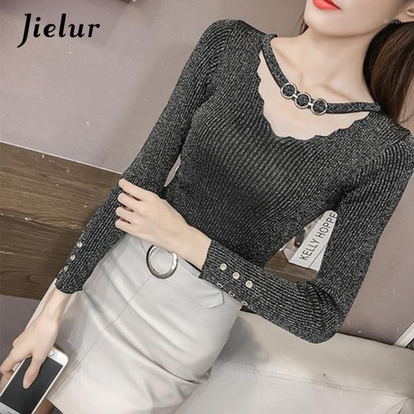autumn v-neck buckles hollow lady's sweater long sleeve shine knitted sweater for women slim basic female1, White;black
autumn v-neck buckles hollow lady's sweater long sleeve shine knitted sweater for women slim basic female1, White;black