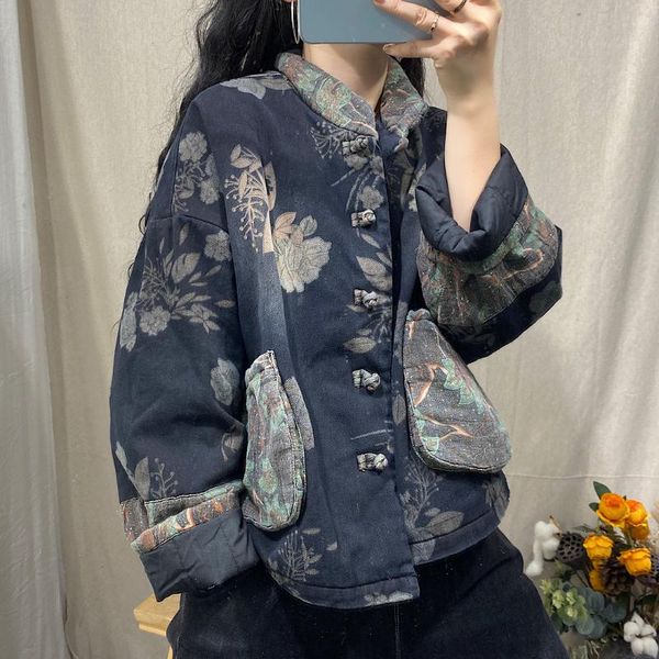 women's down & parkas women winter printed retro denim coat ladies padded outerwear female 2021 loose short vintage, Black 
women's down & parkas women winter printed retro denim coat ladies padded outerwear female 2021 loose short vintage, Black