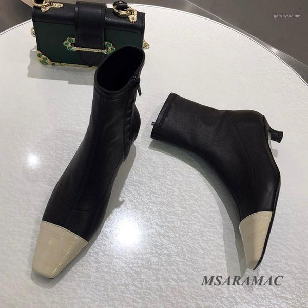 boots square toe kitten heel ankle white black color blocking elastic sock celebrity women's formal shoes1
boots square toe kitten heel ankle white black color blocking elastic sock celebrity women's formal shoes1