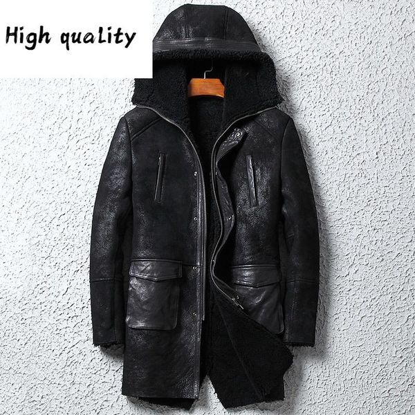leather genuine jacket men winter real fur coat men hooded shearling jacket sheepskin leather coats long, Black
leather genuine jacket men winter real fur coat men hooded shearling jacket sheepskin leather coats long, Black