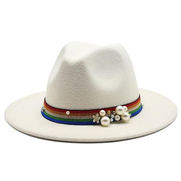 white fedora hat women men winter autumn wide brim hats panama with pearl rainbow elastic band felts jazz caps, Blue;gray
white fedora hat women men winter autumn wide brim hats panama with pearl rainbow elastic band felts jazz caps, Blue;gray