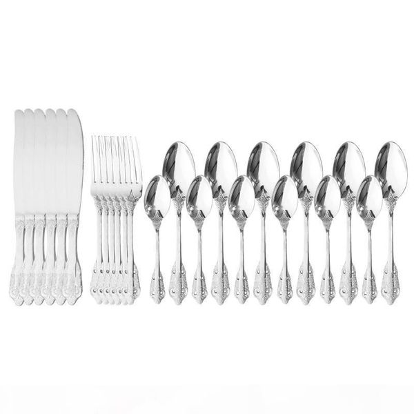 24pcs silver 304 stainless steel knife fork spoon dinner set luxury vintage tableware set gold dinnerware gold cutlery
24pcs silver 304 stainless steel knife fork spoon dinner set luxury vintage tableware set gold dinnerware gold cutlery
